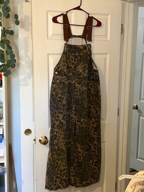 Cider Brown Leopard Denim Overalls